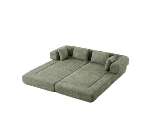 Canapé droit convertible 2 places en tissu vert, dossier réglable, 4 configurations, livré avec 4 coussins