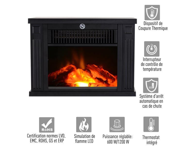  Cheminée électrique à effet de flamme poêle style contemporain thermostat 600-1200 w noir  - Conforama E