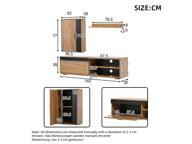  Ensemble de meuble tv 3 pièces 140x35x39 cm,meuble tv moderne pour salon,sur pied et suspendu,2 portes,couleur bois + noir  - Conforama A