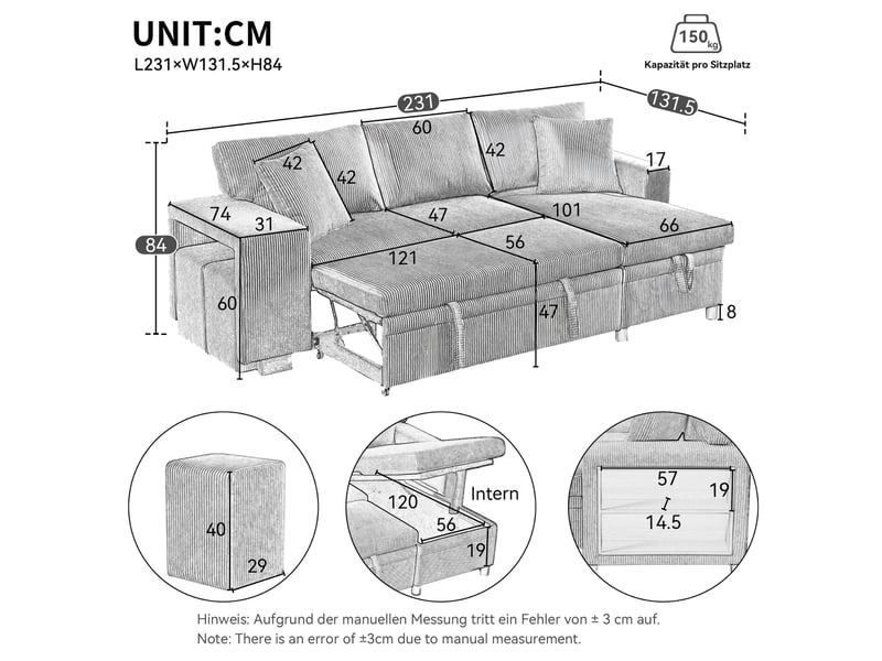  Canapé d'angle convertible 3 places 231x131,5x84 cm avec rangement et ports usbtype-c gris  - Conforama E
