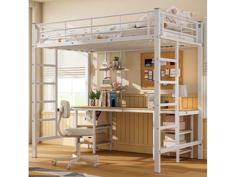  Lit mezzanine enfant 90x200 cm avec bureau et étagères en métal blanc  - Conforama D