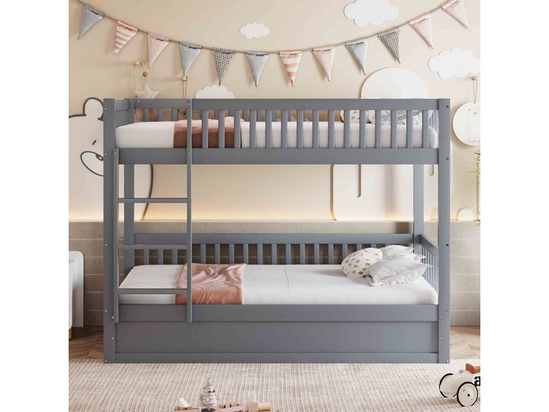  Lit superposé enfant 90x200 cm en bois avec coffre de rangement hydraulique, échelle sécurisée et 2 couchages - gris  - Conforama D