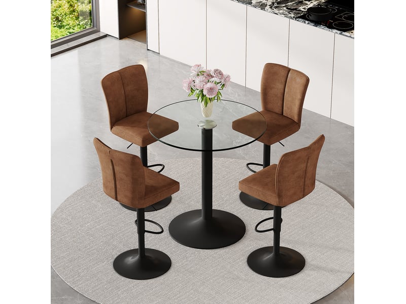  Set de bar moderne avec table ronde en verre 89 cm et 4 tabourets pivotants réglables marron et noir  - Conforama B