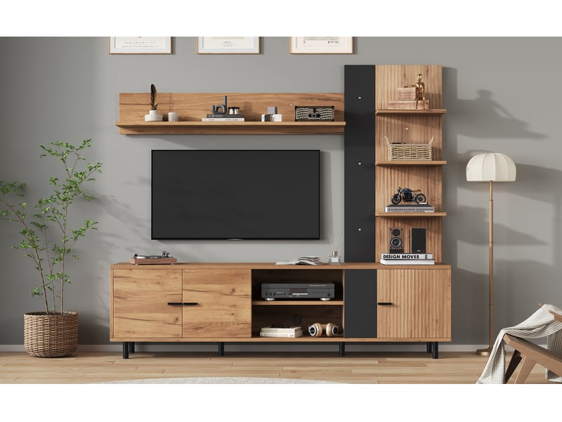  Meuble tv, avec étagères, 187,5 x 40 x 167 cm, en bois, coloris noir, pour salon, solution de rangement fonctionnelle, pour intérieur  - Conforama W