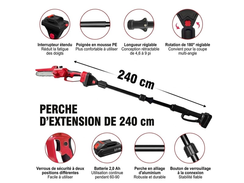  Kit de jardinage 4-en-1 haute performance – scie d'élagage 21v lithium sans balais + sécateur électrique télescopique orientable 180° – pack d'outils sans fil pour taille et élagage d'arbres  - Conforama D