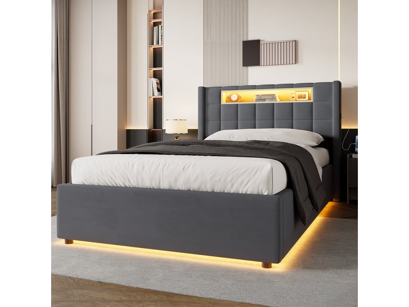 Lit coffre 90x200 cm velours gris foncé, tête à rangements, led, 2 usb, type-c et poches latérales, sommier inclus - Conforama B