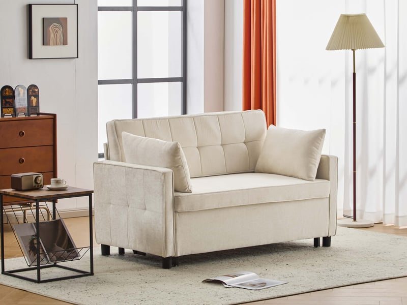  Canapé droit convertible 3 en 1, 85×142×75 cm, canapé-lit escamotable, dossier réglable, tissu en chenille, beige  - Conforama B