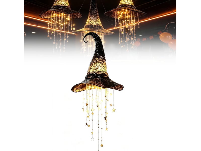  1 pièce décoration halloween suspendue, chapeau de sorcière lumineux led avec guirlande d'étoiles pour porche, entrée et jardin  - Conforama A