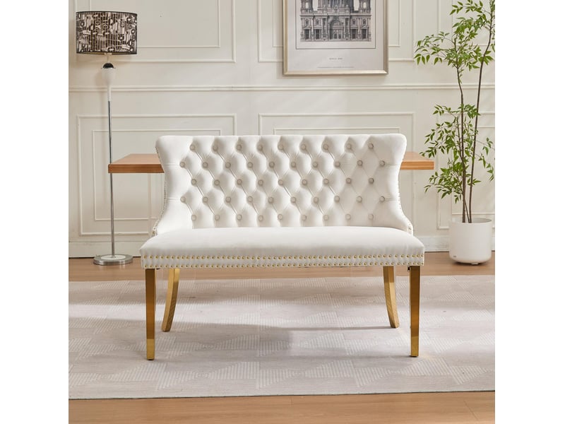  Banc de salle à manger 2 places en velours beige, dossier capitonné à ailes, pieds en acier inoxydable plaqué or  - Conforama D