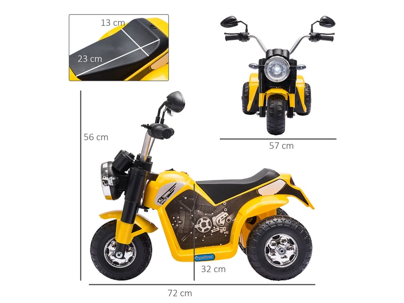  Moto électrique enfant chopper tout-terrain 6 v 20 w marche av ar 3 roues effets lumineux et sonores jaune noir  - Conforama E