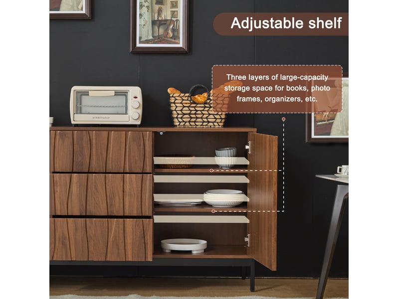  Buffet 150 x 40 x 80 cm bois foncé, 3 tiroirs, 2 portes, 2 étagères réglables pour rangement polyvalent  - Conforama E