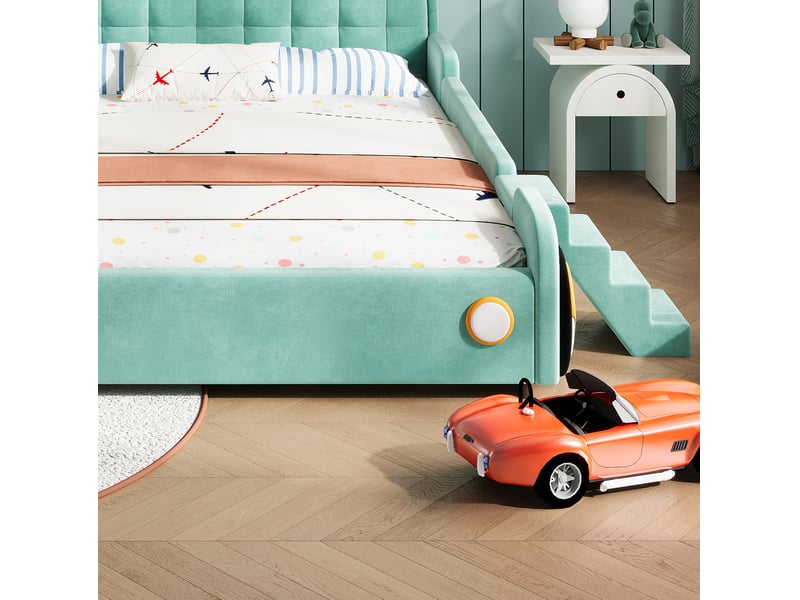  Lit enfant voiture, 140x200 cm, escalier réversibles, avec toboggan, matelas non inclus, bois, coloris bleu et vert  - Conforama E