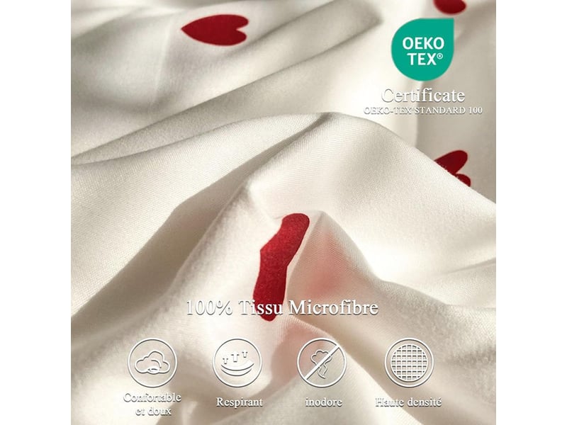 Housse de couette coeur 200x230 rouge avec 2 taies d'oreiller 48x74 cm - parure housse de couette microfibre rouge et blanche - housse de couette 2 personnes avec zip - Conforama C