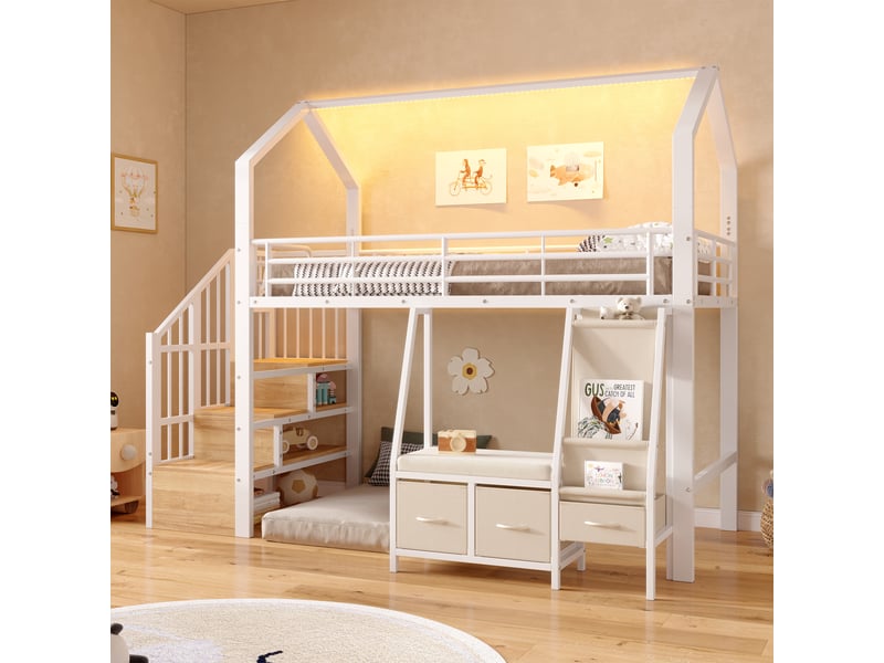 Lit mezzanine étagères 90x200 cm en métal avec en tissu, tiroirs, escalier avec rangement et bande led - blanc Morn Vibe - Conforama E