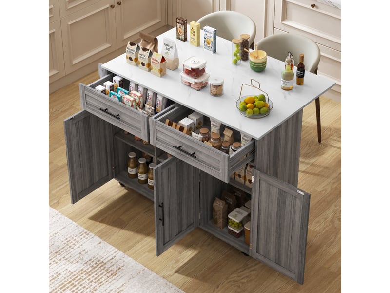  Îlot de cuisine mobile avec plateau de table rabattable, rangements et 5 roulettes, blanc et gris  - Conforama B