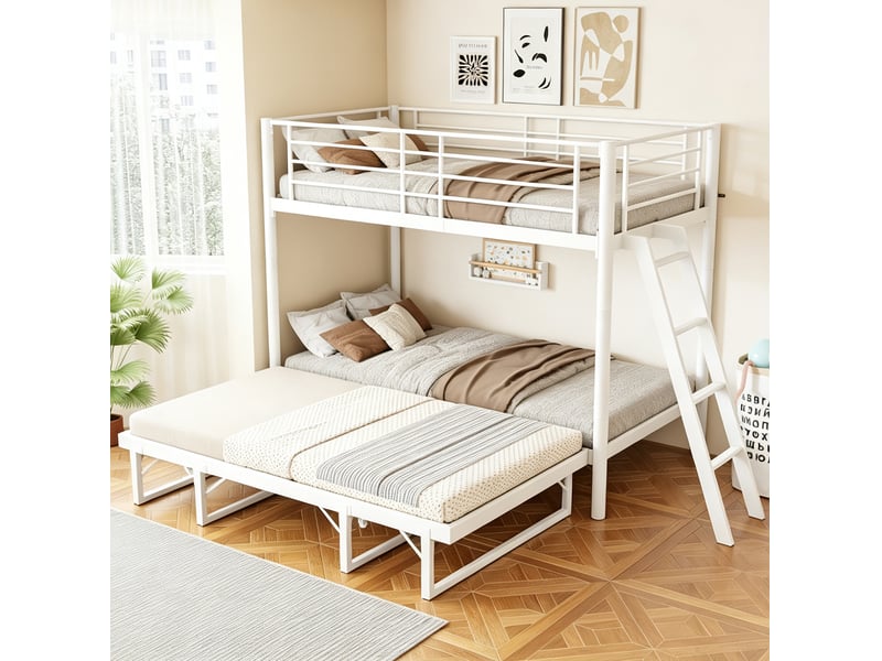 Lit superposé avec lit gigogne 90x200 cm en métal blanc, lit d’appoint coulissant, structure gain de place pour chambre enfant, sans matelas - Conforama B