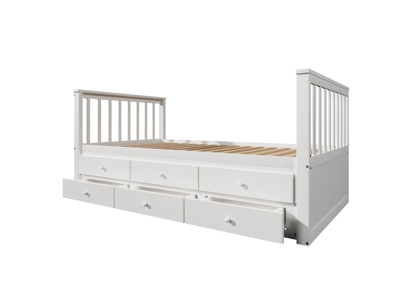 Lit gigogne 90x200 cm - lit 2 personnes avec 3 tiroirs de rangement - bois de pin massif - gain de place - blanc - Conforama W