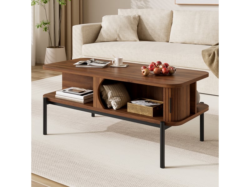  Table basse 100 x 45 x 43 cm avec rangement et portes coulissantes rainurées, plateau mdf, pieds métal noirs, design moderne pour salon, pour aménagement intérieur moderne OPULERANE TRADING LTD - Conforama C