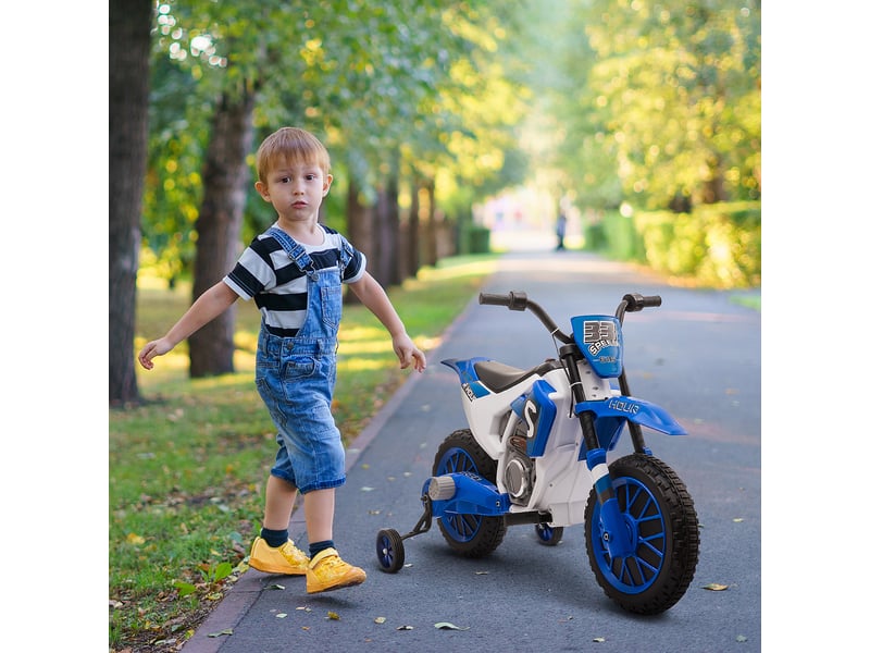  Moto électrique tout-terrain pour enfants de 3 à 5 ans, avec batterie rechargeable 12 v et stabilisateurs amovibles, 106,5 x 51,5 x 68 cm, bleue  - Conforama C