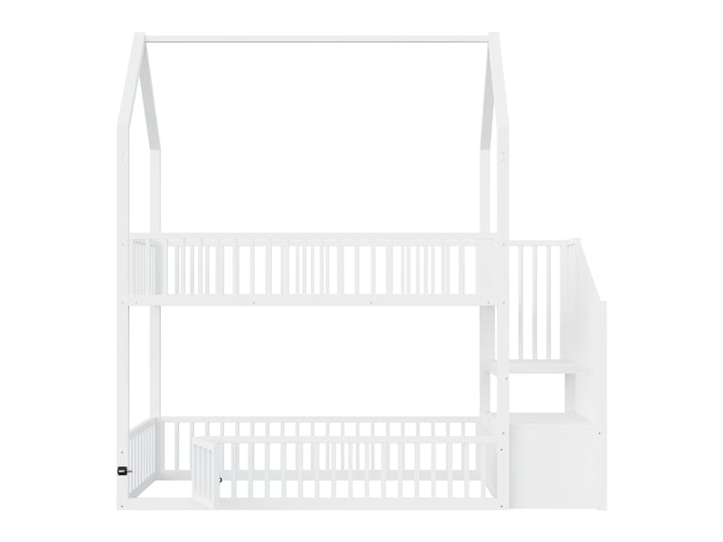  Lit superposé 90x200 cm en métal avec toit cabane, escalier de rangement et petite porte au niveau inférieur blanc Fay Lum - Conforama D