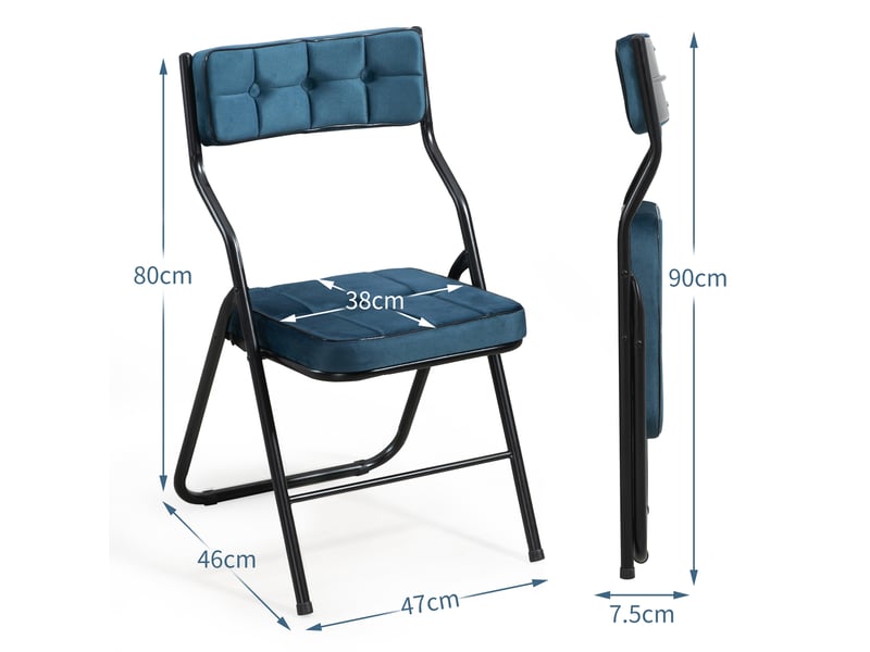 Lot de 2 chaises pliantes rembourrées 46x47x80 cm, sans montage, dossier incurvé 110°, assise en velours, structure acier renforcée, bleu - Conforama C