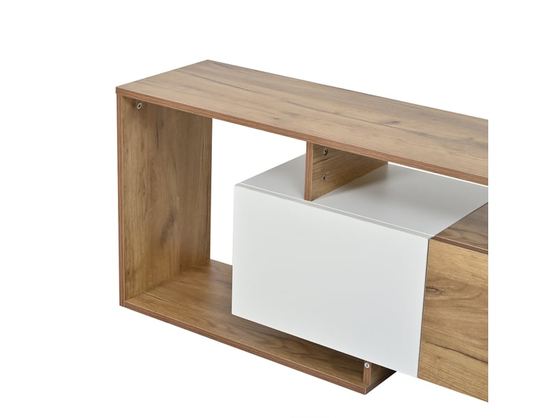  Meuble tv 180 cm, 6 rangements, pour écran jusqu’à 85 pouces, blanc et bois naturel  - Conforama B