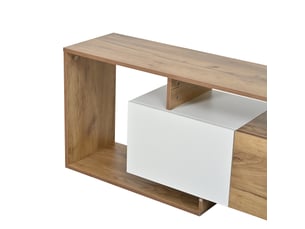 Meuble tv 180 cm, 6 rangements, pour écran jusqu’à 85 pouces, blanc et bois naturel