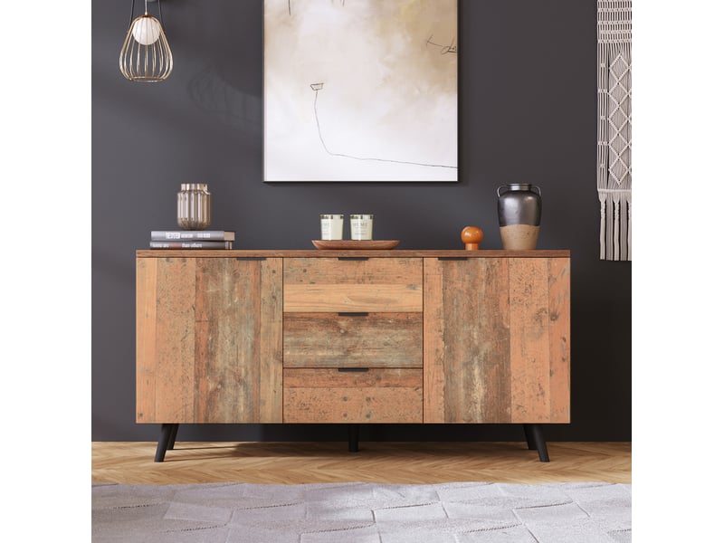  Meuble tv avec 3 tiroirs et placards à étagères réglables, finition bois vieilli, pour salon, marron, 140 × 35 × 70 cm  - Conforama C