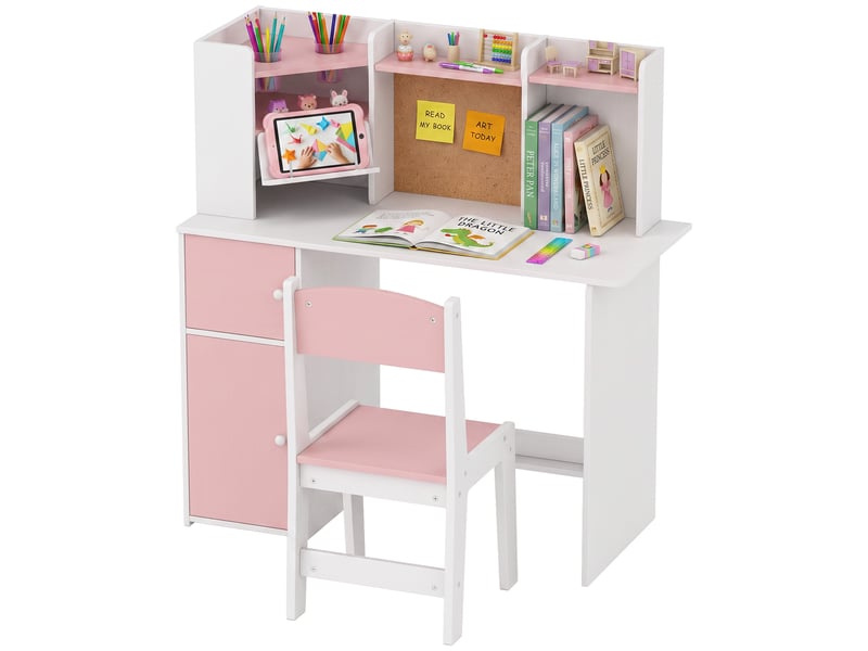  Bureau enfant avec chaise, table d'étude, support de tablette réglable, porte-stylos, panneau en liège, 5-12 ans, rose  - Conforama A