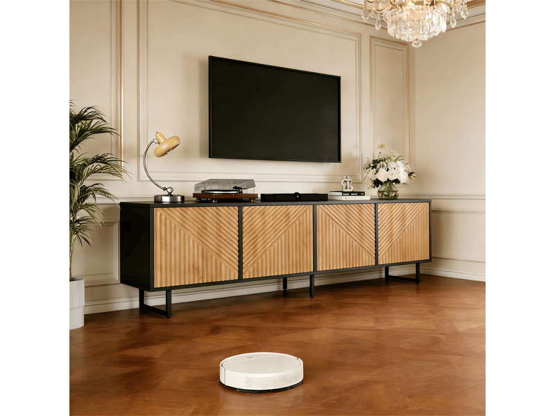  Meuble tv 180x40x50 cm - meuble bas avec 4 portes, façade thermoformée, adapté aux tv jusqu’à 80 pouces - bois naturel et noir  - Conforama E