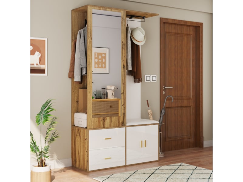 Ensemble garde-robe blanc et bois avec miroir — banc à chaussures avec crochets et penderie télescopique - Conforama B
