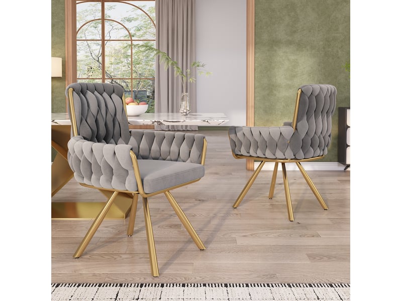  Lot de 6 chaises de salle à manger, en tissu velouté gris+doré, avec accoudoirs, pivotantes, pieds métalliques  - Conforama D