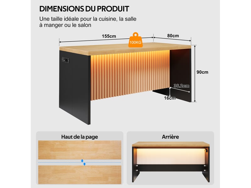  Îlot de cuisine avec led, prises et ports usb, plan épais, pour cuisine ouverte, noir naturel, 155 × 80 × 90 cm  - Conforama E