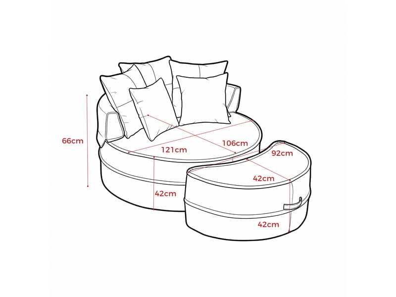  Fauteuil avec pouf rond avec 5 coussins, assise profonde et sans montage, en chenille et mousse beige, 121 × 107 cm  - Conforama D