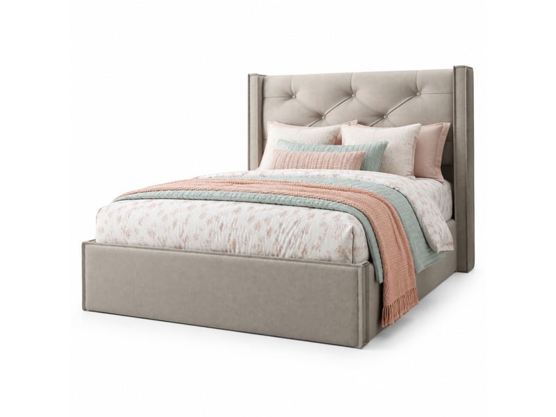  Lit coffre simple 90×200 cm en coton gris clair, lit avec rangement sous sommier relevable et tête capitonnée, sans matelas  - Conforama A