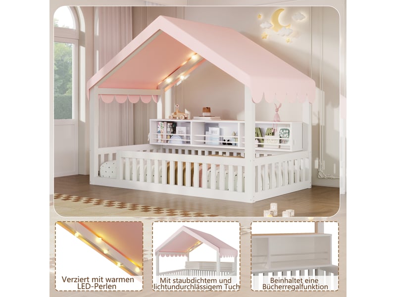  Lit cabane enfant simple 90×200 cm avec led, étagère et barrière - okmyhome- bois blanc, sans matelas  - Conforama E
