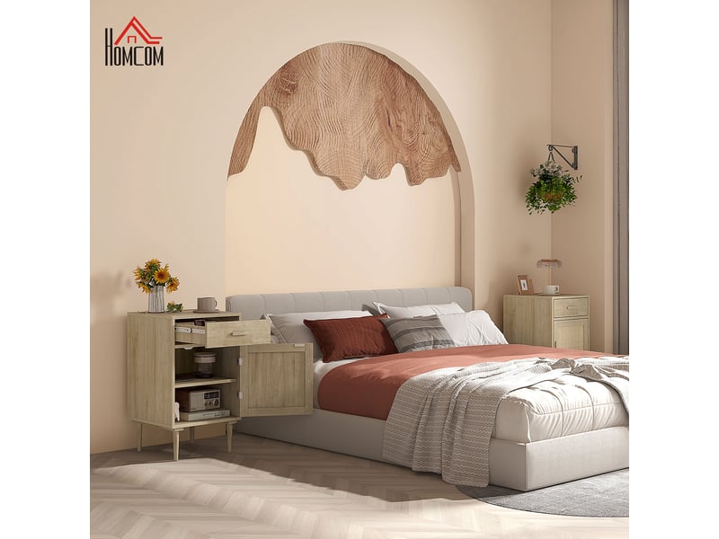  Lot de 2 tables de chevet avec placard et étagère porte rotin tissé 1 tiroir design bohème - naturel 40 x 40 x 68,5 cm  - Conforama D