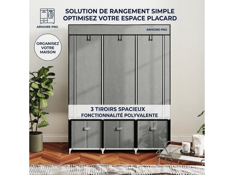  Armoire en tissu gris clair avec 2 tringles et 3 tiroirs, penderie pliante anti-poussière, 125x43x162,5 cm  - Conforama B