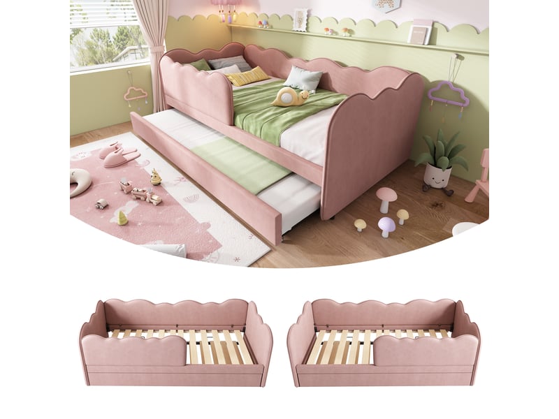  Lit banquette gigogne 90 x 190 cm, couchage gigogne, barrières latérales, sommier à lattes, structure rembourrée, pour la chambre, velours, rose ABC - Conforama B