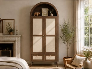 Armoire à 2 portes cintrées avec penderie, niche et 2 tiroirs effet rotin, 80 × 55 × 180 cm, effet noyer et beige