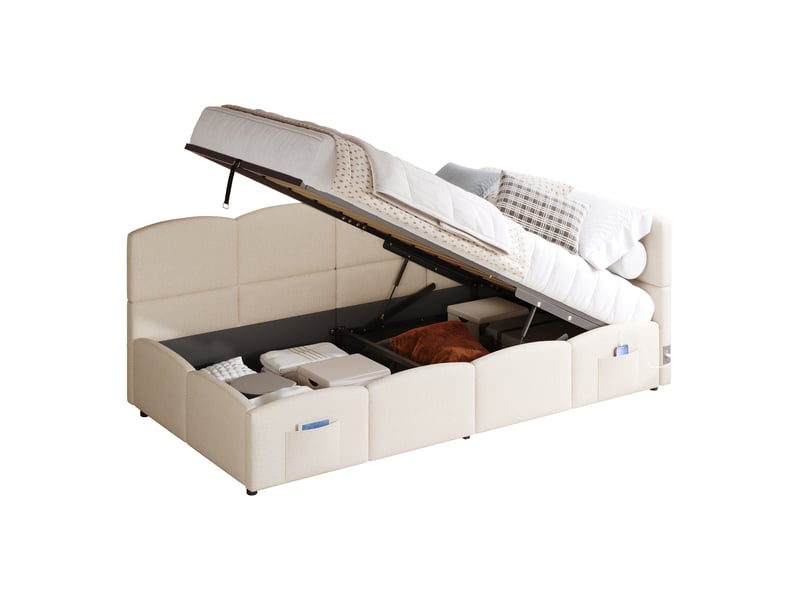  Lit banquette coffre rembourré 90x200 cm avec ouverture hydraulique, usb-a et usb-c, poches latérales, sommier à lattes, bouclé beige Radiant Stride - Conforama A