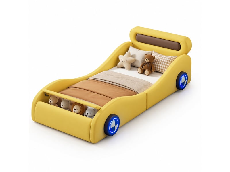  Lit enfant 90x200 cm roues lumineuses et rangement en pu jaune  - Conforama A