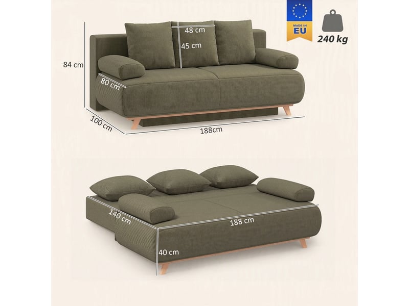  Canapé-lit 3 places convertible avec coffre velours côtelé vert foncé 188 x 100 x 84 cm  - Conforama C