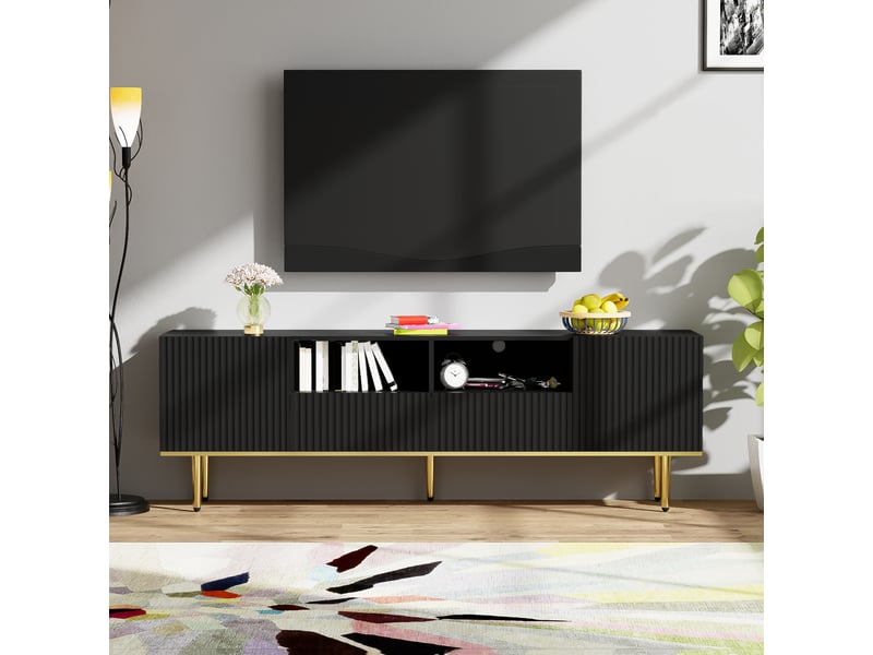  Meuble tv noir et or 165 cm moderne pour tv 60-69 pouces avec pieds dorés et 2 tiroirs  - Conforama B