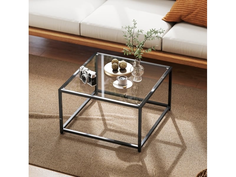  Table basse carrée 68x68x39 cm en verre trempé et acier noir  - Conforama B