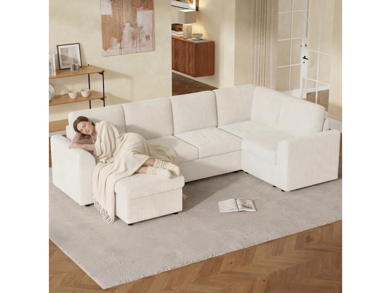  Canapé d'angle convertible 6 places en velours côtelé beige, avec pouf à rangement, 282×153×85 cm, mousse haute densité  - Conforama W