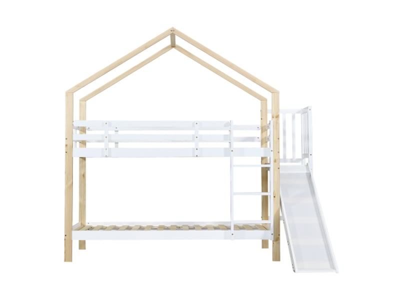 Lit superposé cabane 90x200 cm - avec toboggan, échelle sécurisée, barrières de protection - blanc et bois naturel - Conforama E