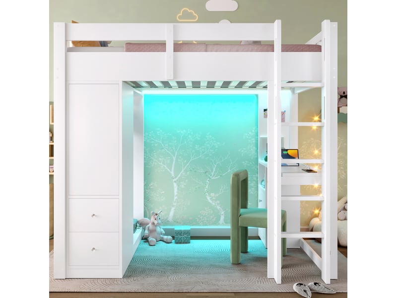  Lit en hauteur, 90x200 cm, avec bureau intégré, armoire ouverte, led et usb, matelas non inclus, bois, coloris blanc  - Conforama E