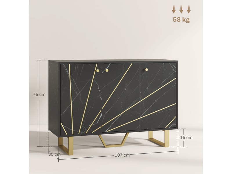  Meuble de rangement buffet salon avec 2 placards 3 portes et étagère réglable, pieds en métal, aspect marbre noir  - Conforama C