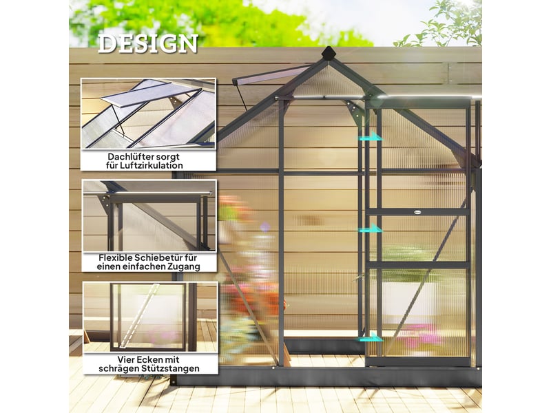 Serre aluminium 3,65 m², 190x192x201 cm, fondation, fenêtre toit, porte coulissante, panneaux uv 4 mm, tomatesplantes, extérieur. - Conforama C